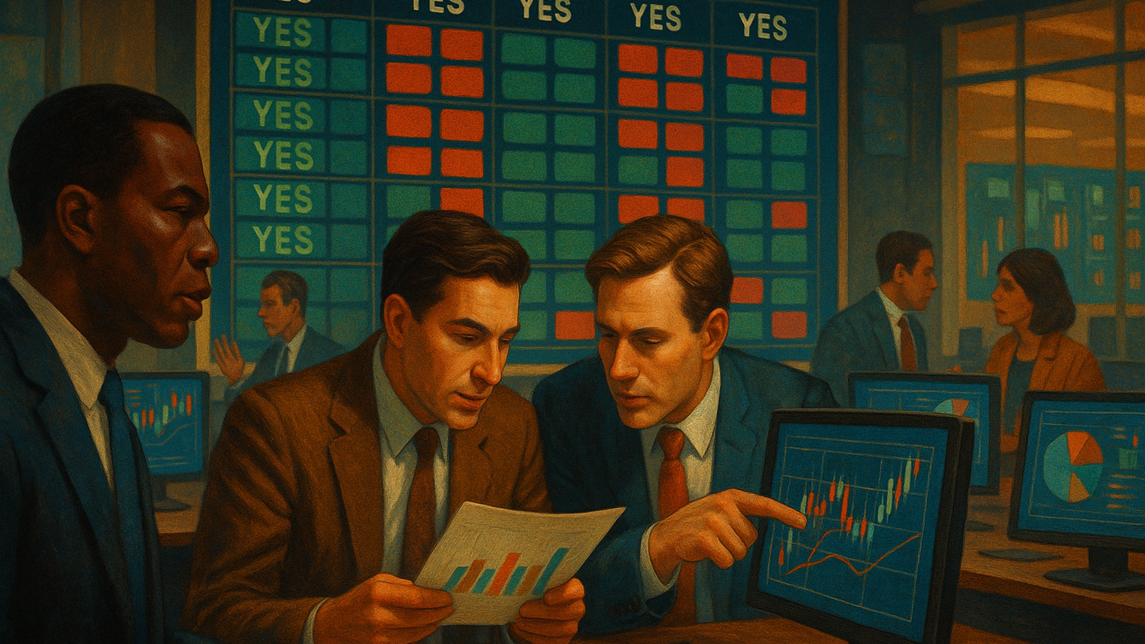 Three men discussing charts in a dimly lit office