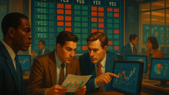 Three men discussing charts in a dimly lit office
