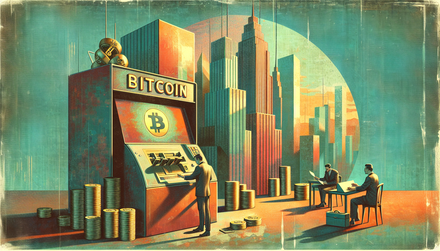 A stylized Bitcoin ATM in a cityscape with