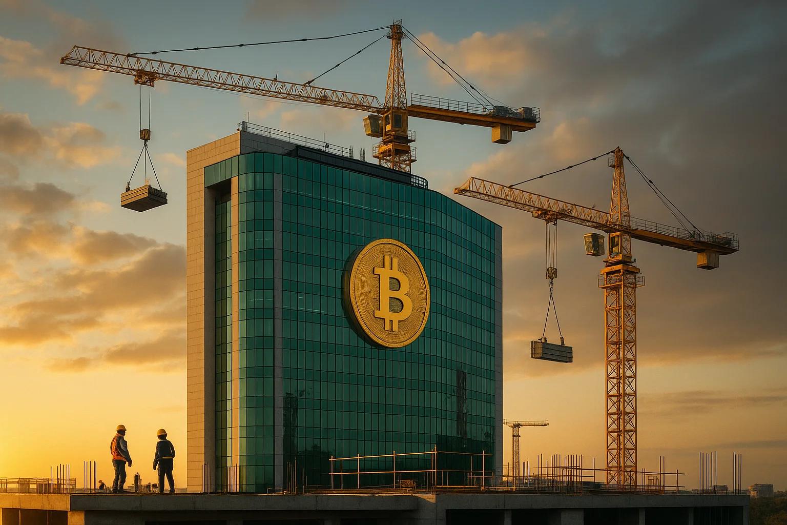 Construction site with cranes and a glass building