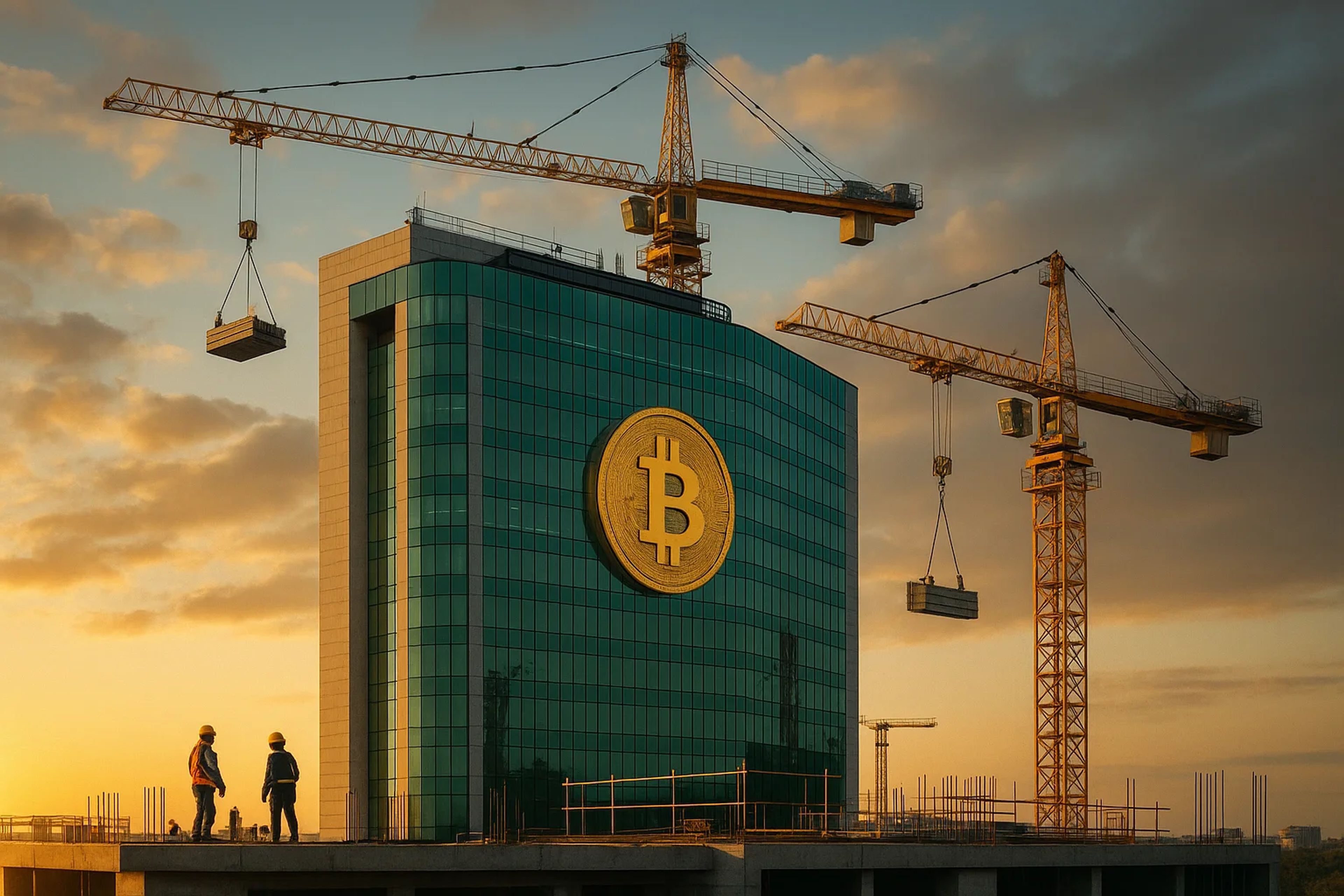 Construction site with cranes and a glass building