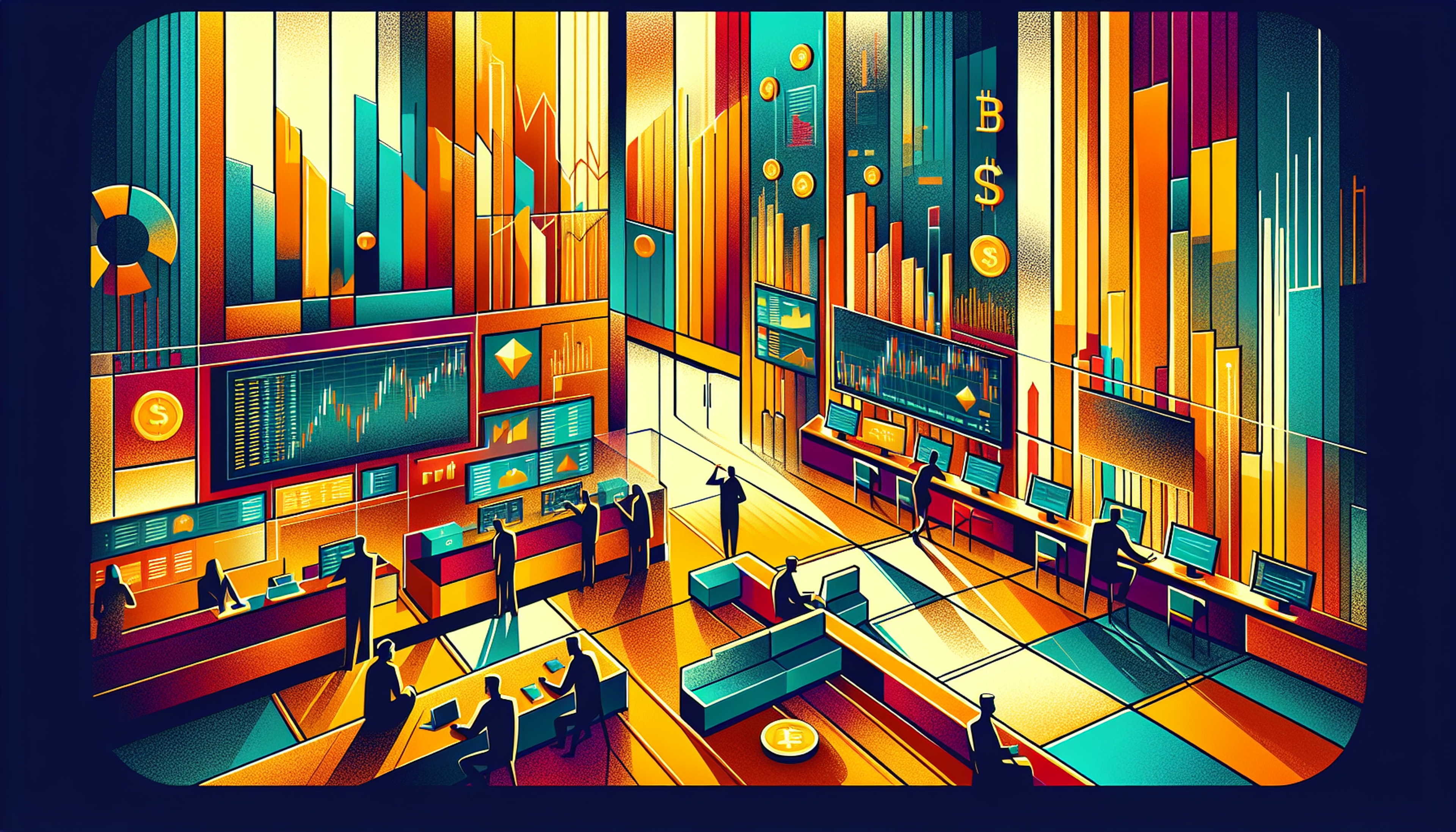 Colorful trading floor with digital screens and