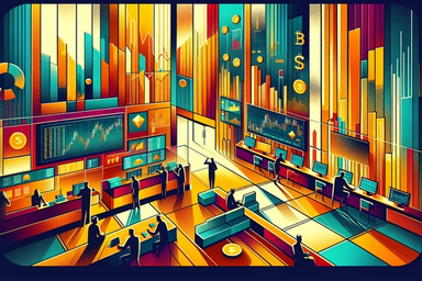 Colorful trading floor with digital screens and