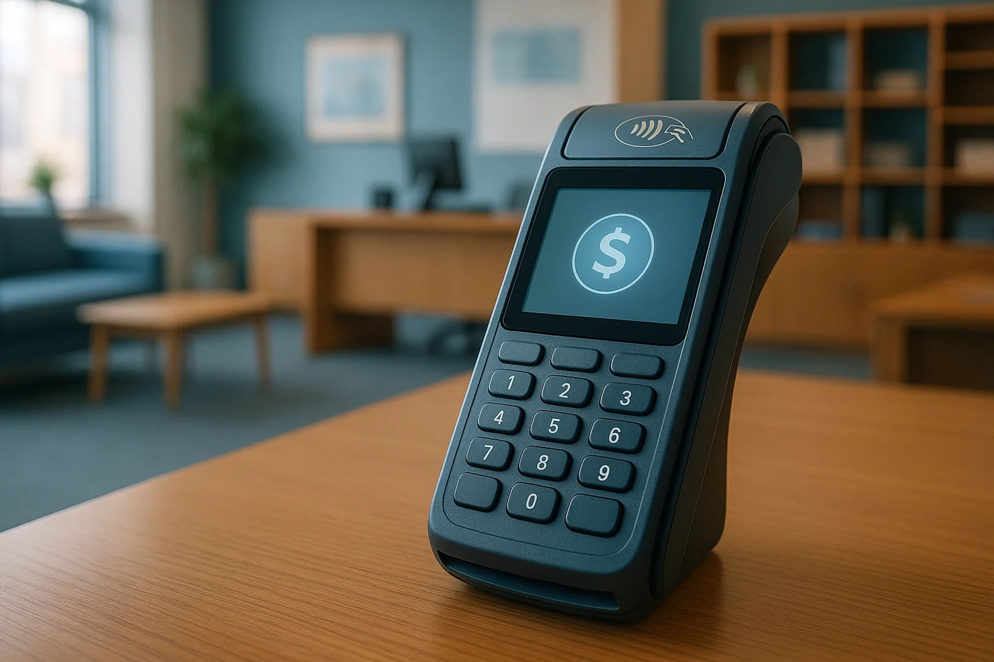 A contactless payment terminal on a wooden table