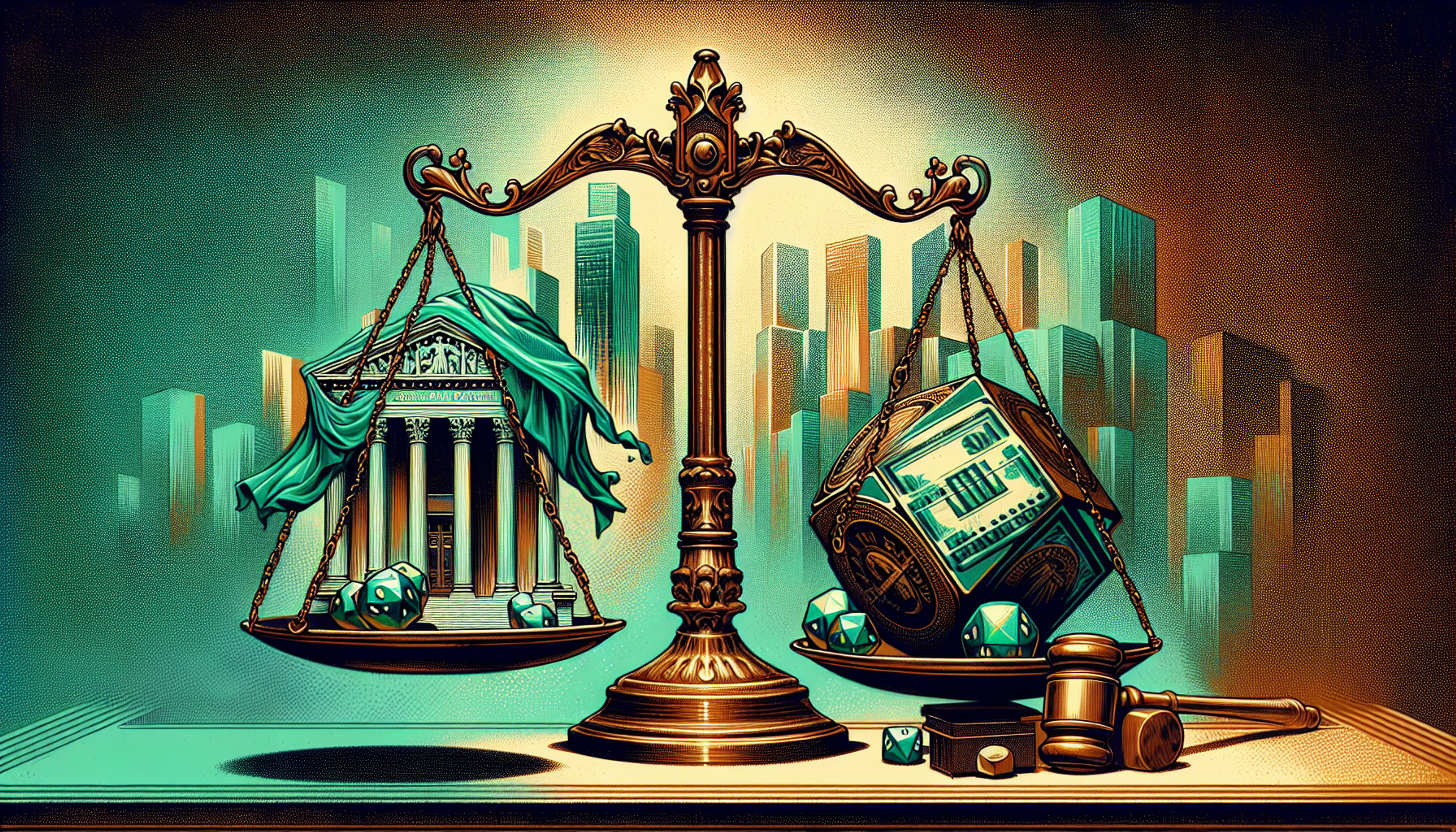 A scale balancing a bank building and a dice cube