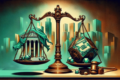 A scale balancing a bank building and a dice cube
