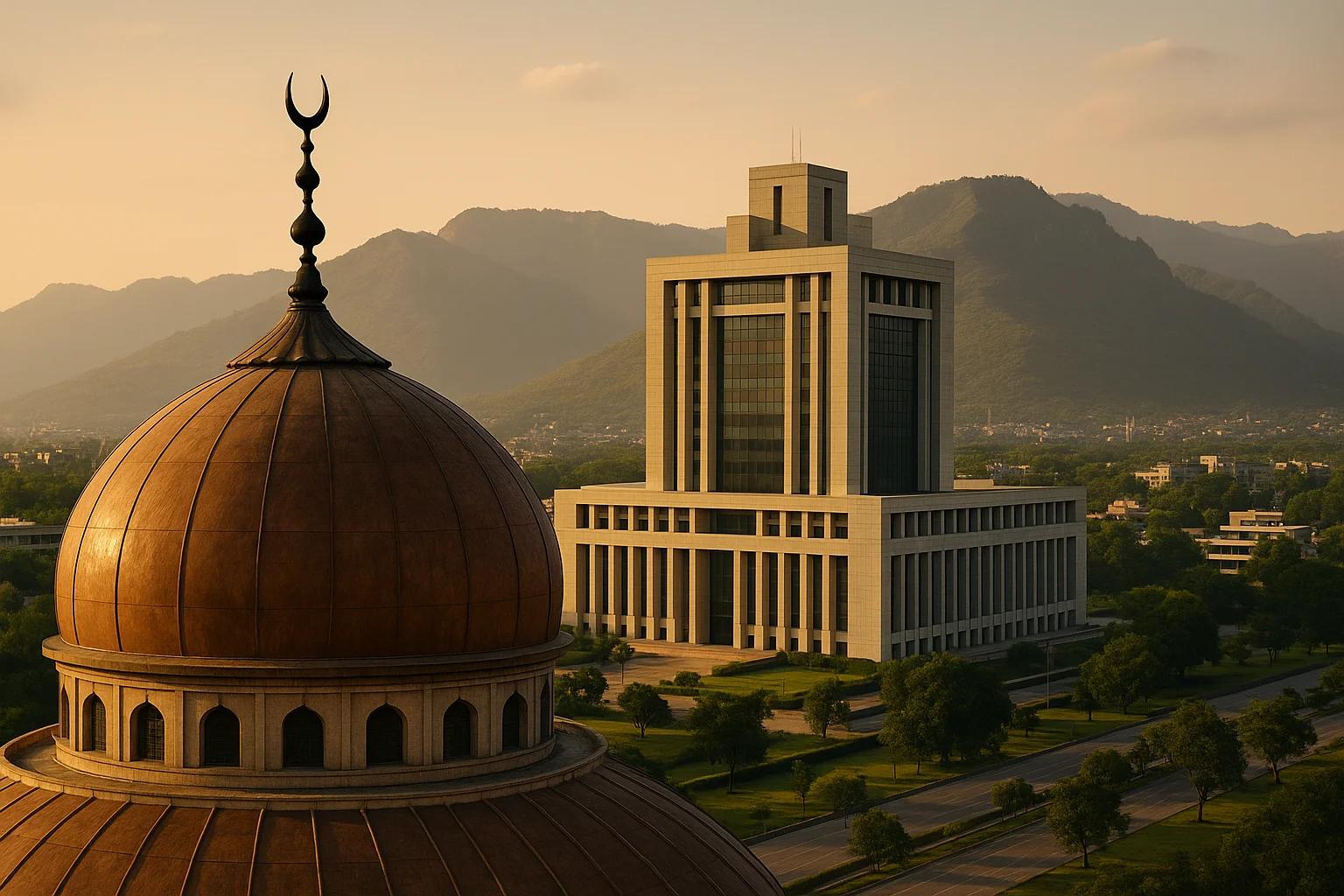 A modern building next to a domed structure, with