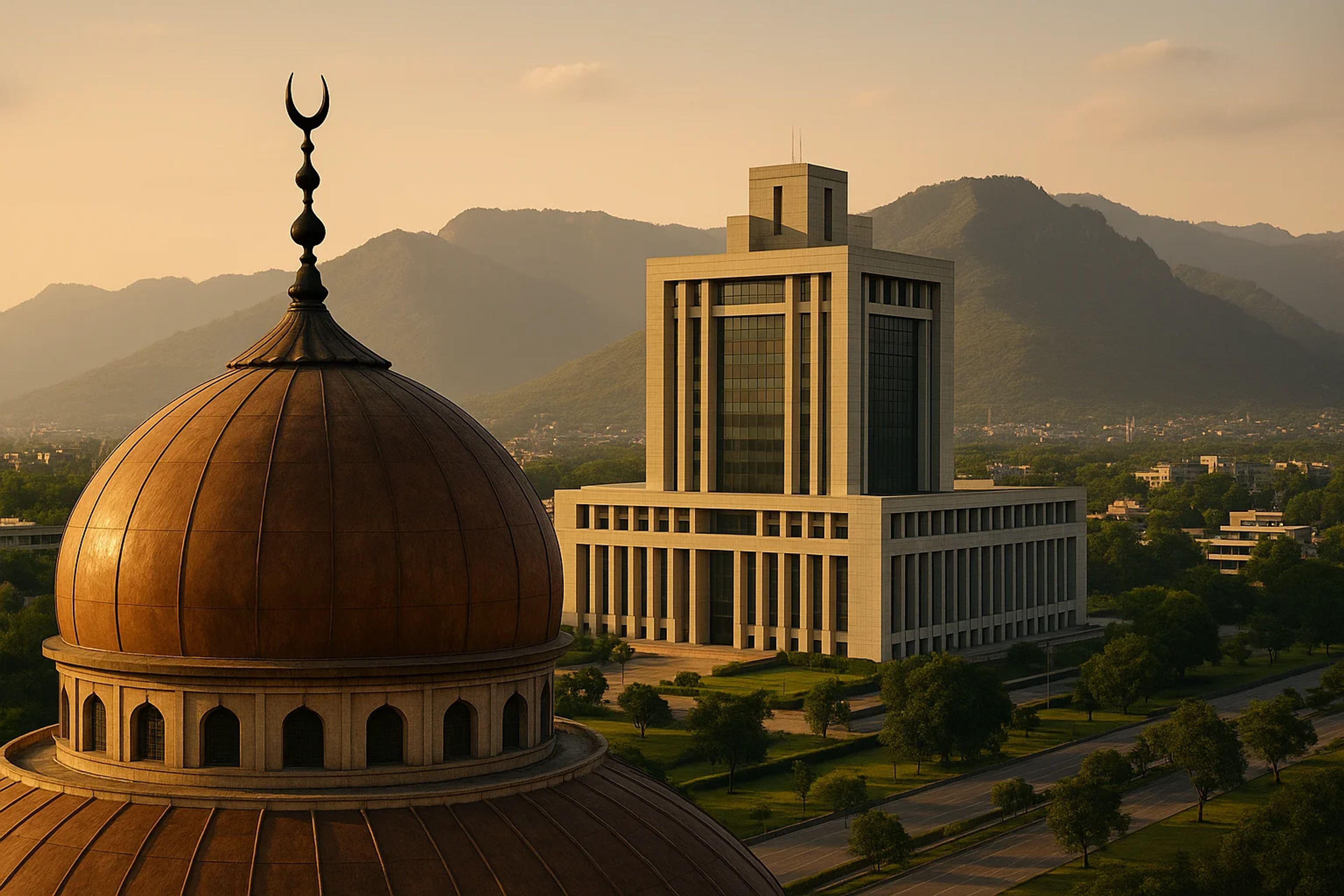 A modern building next to a domed structure, with
