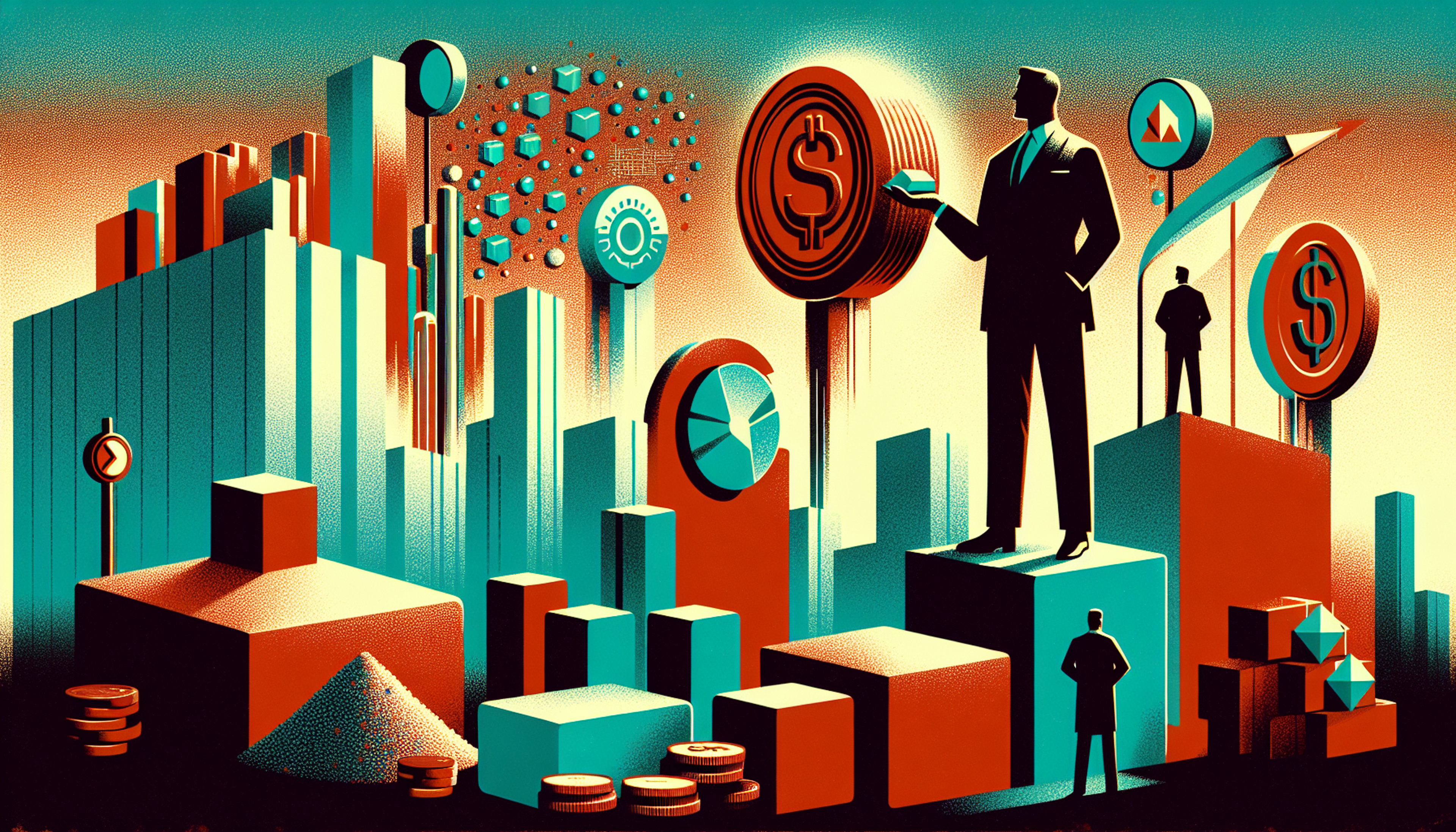 Stylized graphic of business figures and currency