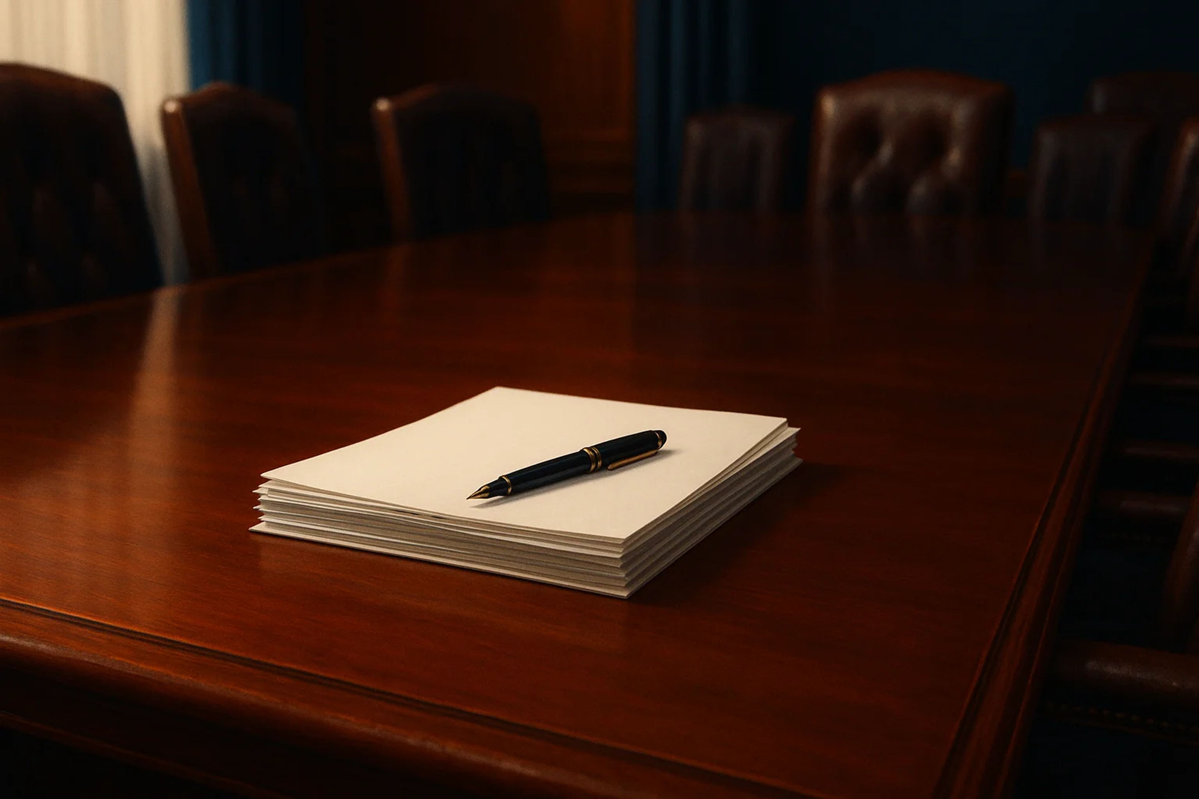A wooden conference table with a stack of blank