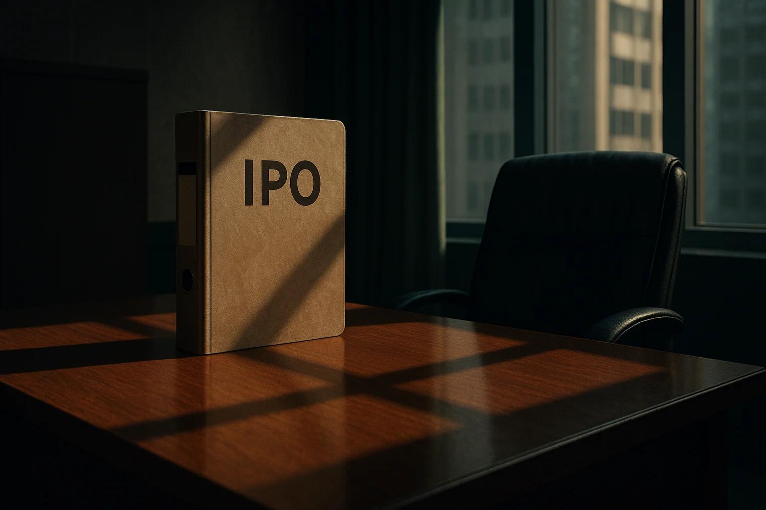 A brown binder labeled 'IPO' on a wooden desk