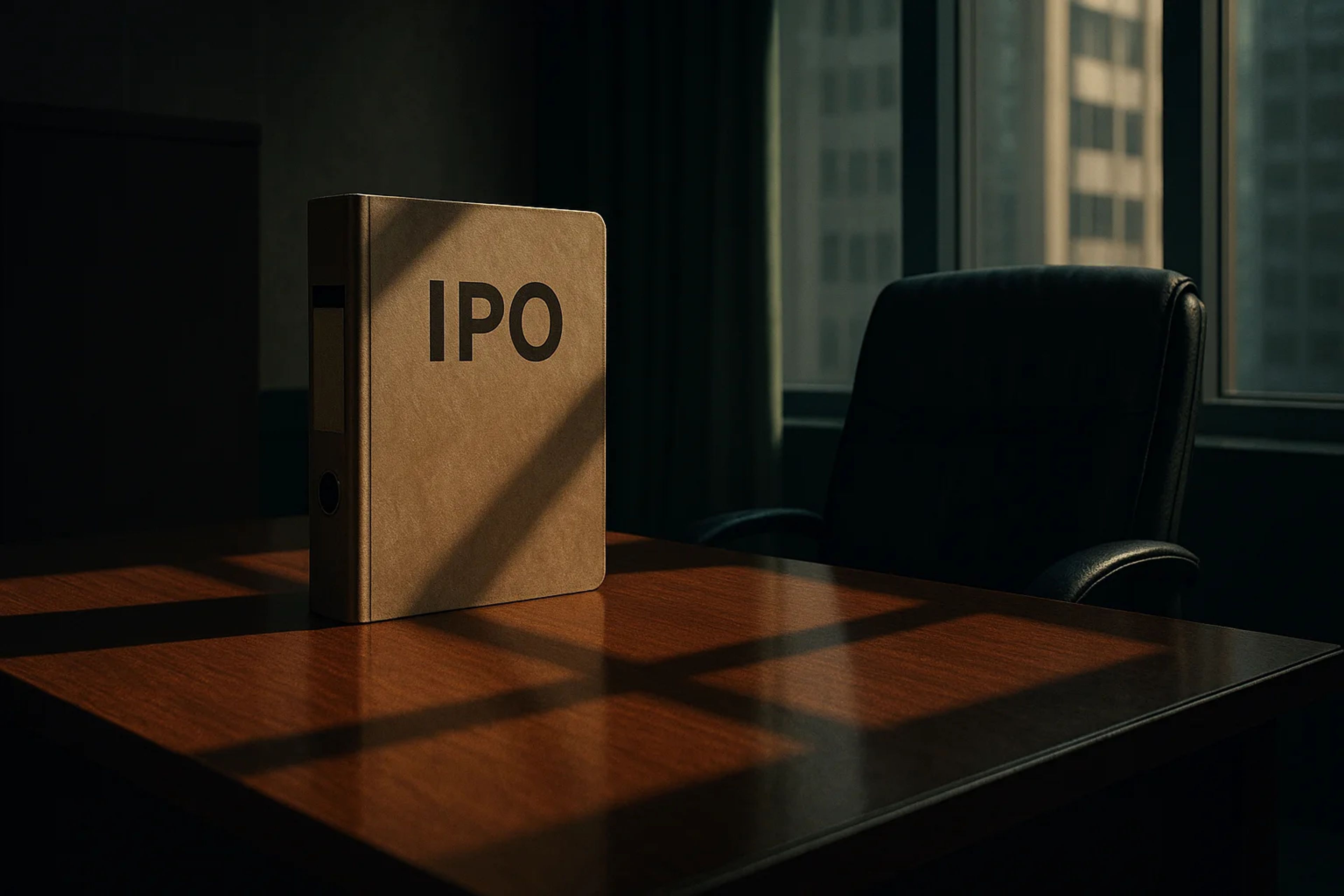 A brown binder labeled 'IPO' on a wooden desk