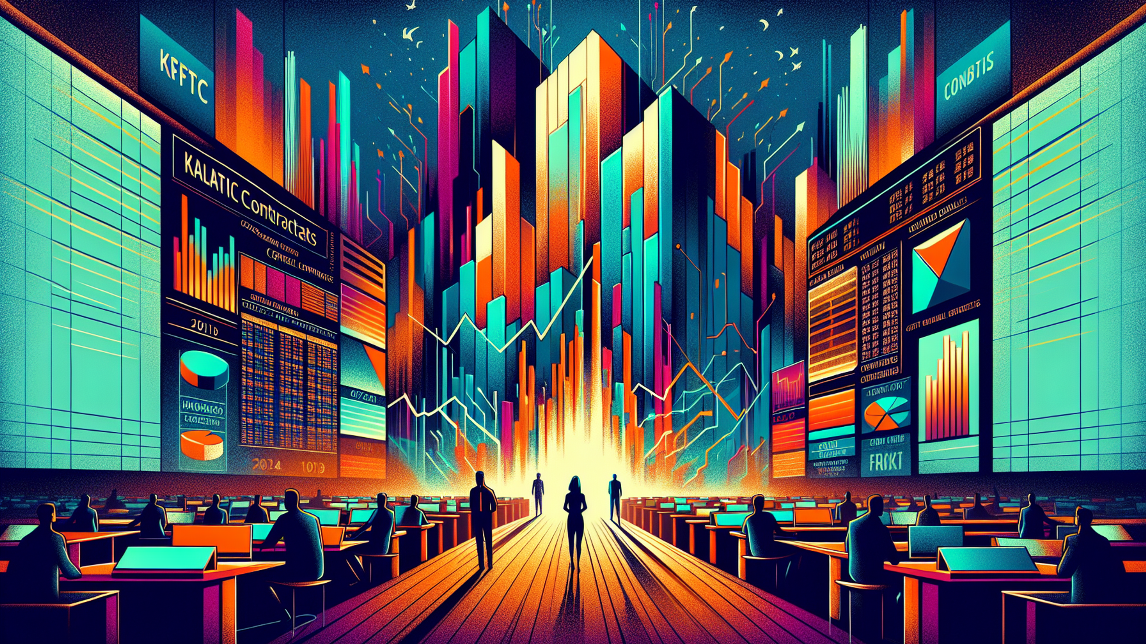 Vibrant digital trading floor with colorful graphs