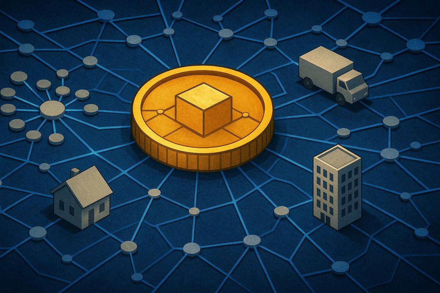 Golden coin surrounded by network nodes, truck