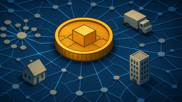 Golden coin surrounded by network nodes, truck