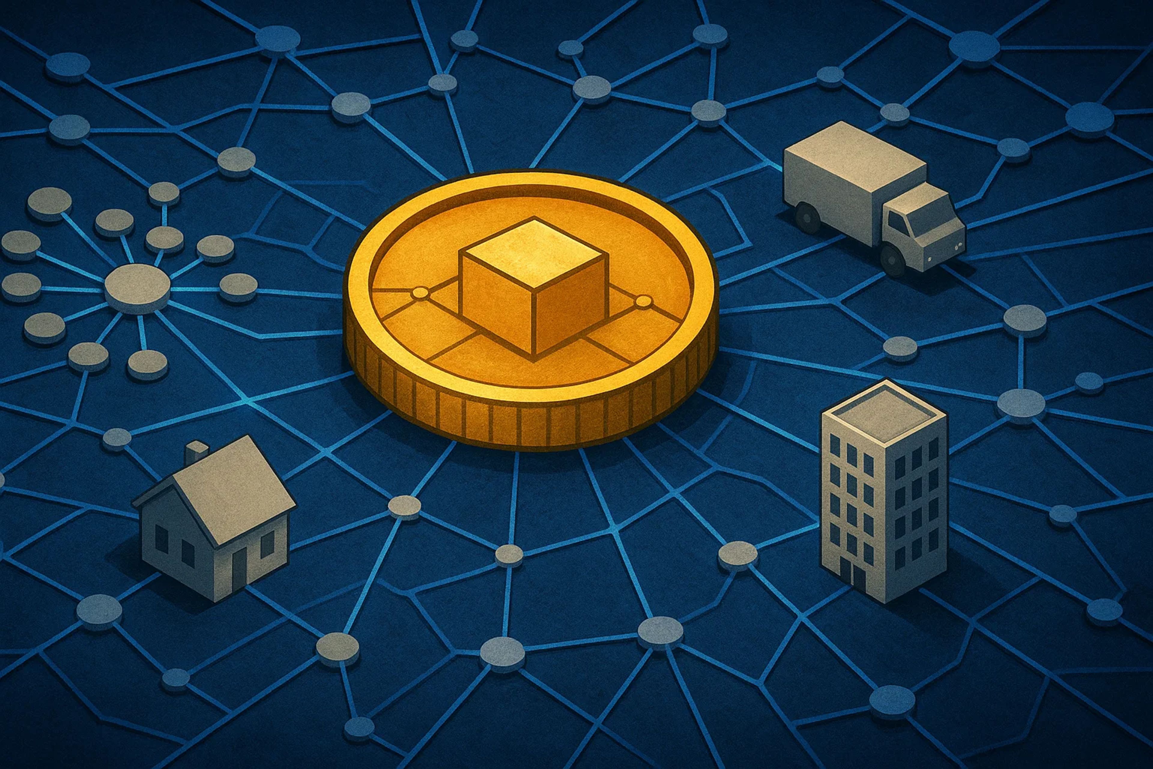 Golden coin surrounded by network nodes, truck