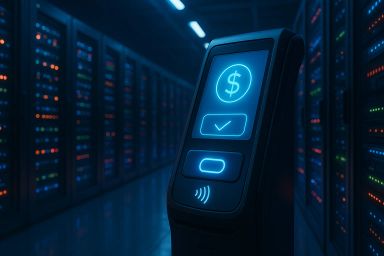A close-up of a digital payment terminal in a
