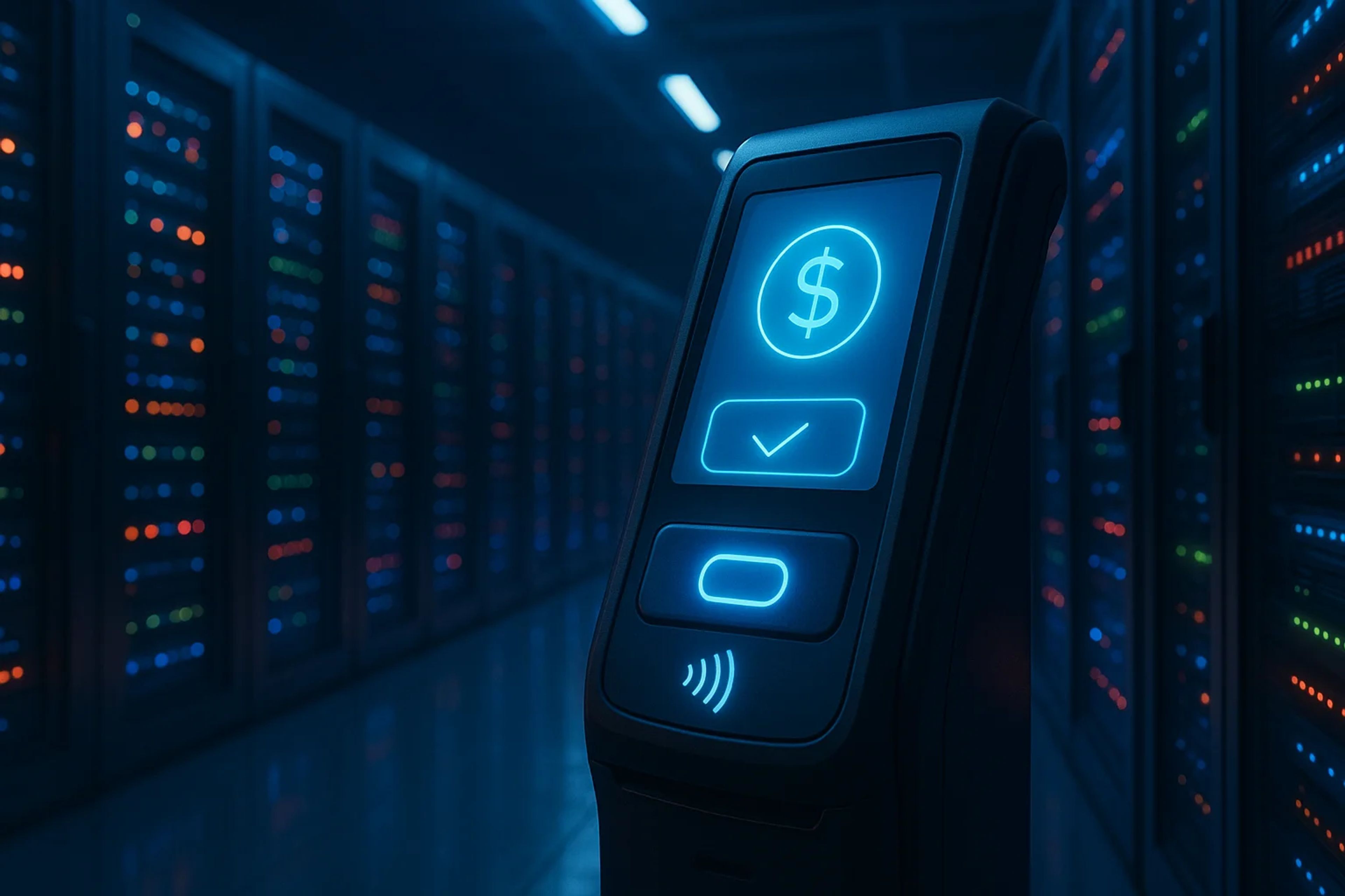 A close-up of a digital payment terminal in a