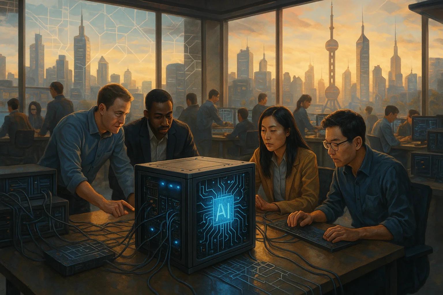 Four people collaborating around a glowing AI