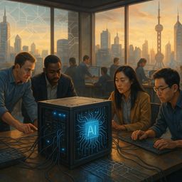 Four people collaborating around a glowing AI