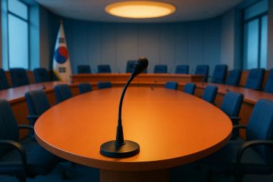 A conference room with a large round table, a