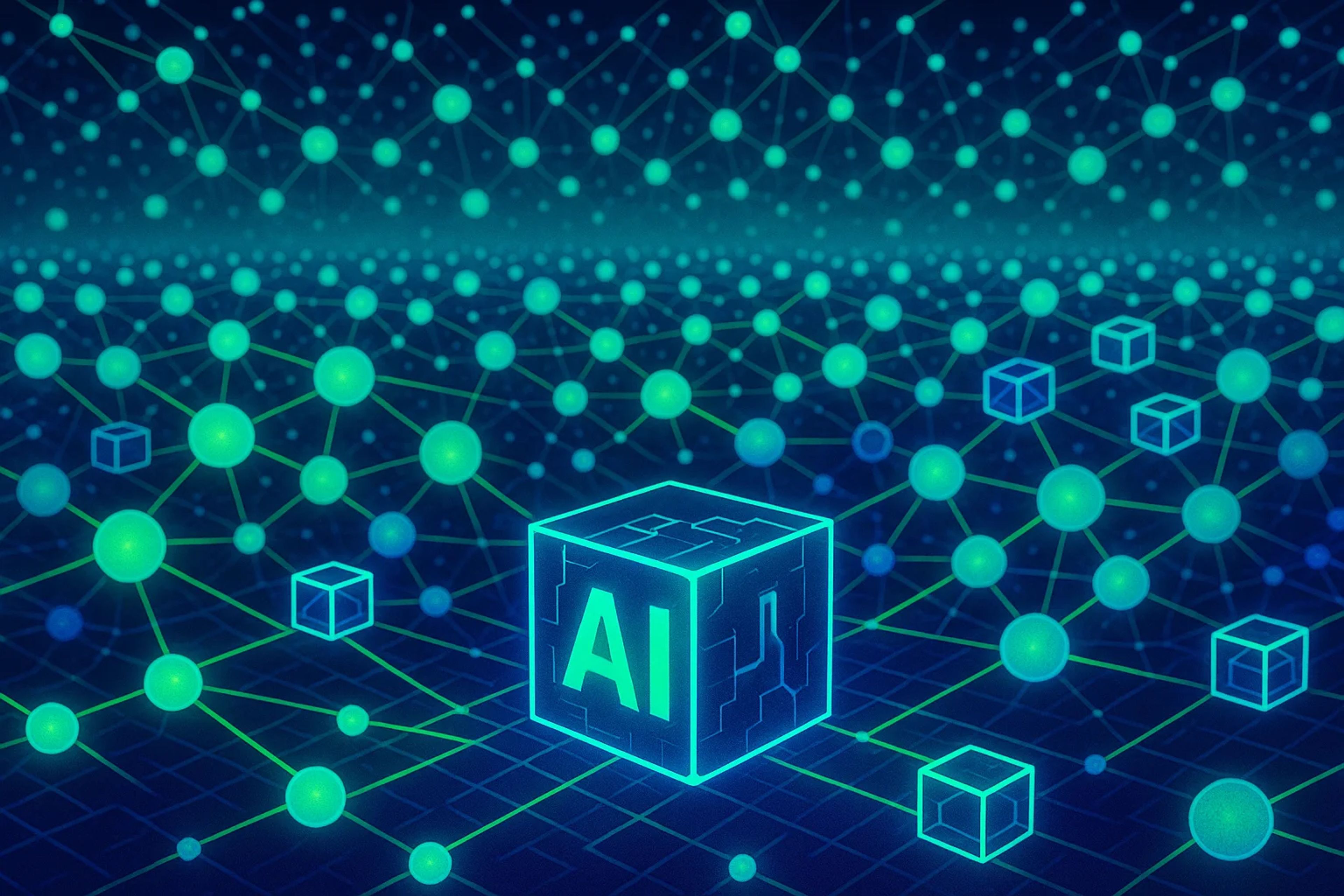 Glowing blue and green network of nodes and cubes