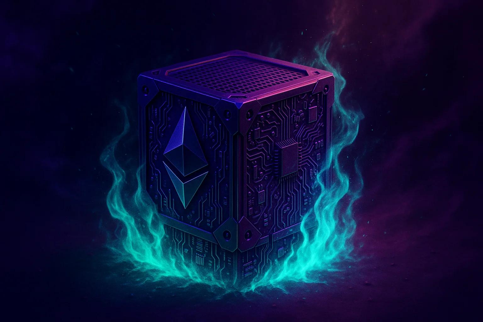A glowing cube with a circuit pattern and an