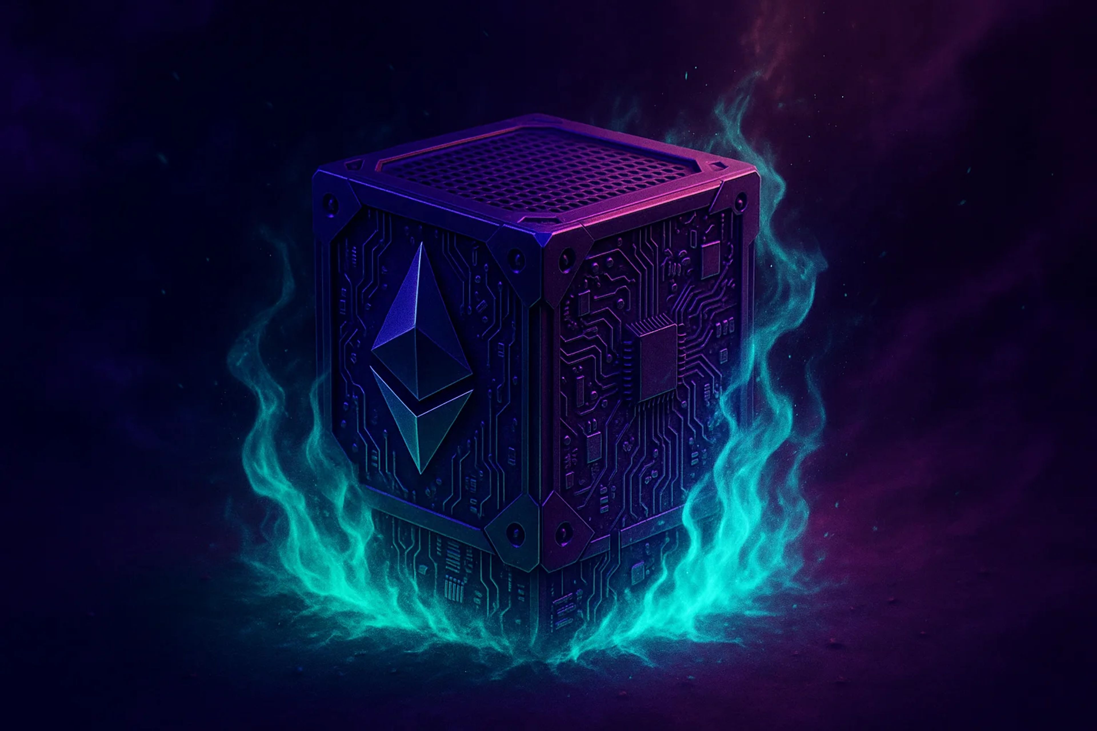 A glowing cube with a circuit pattern and an