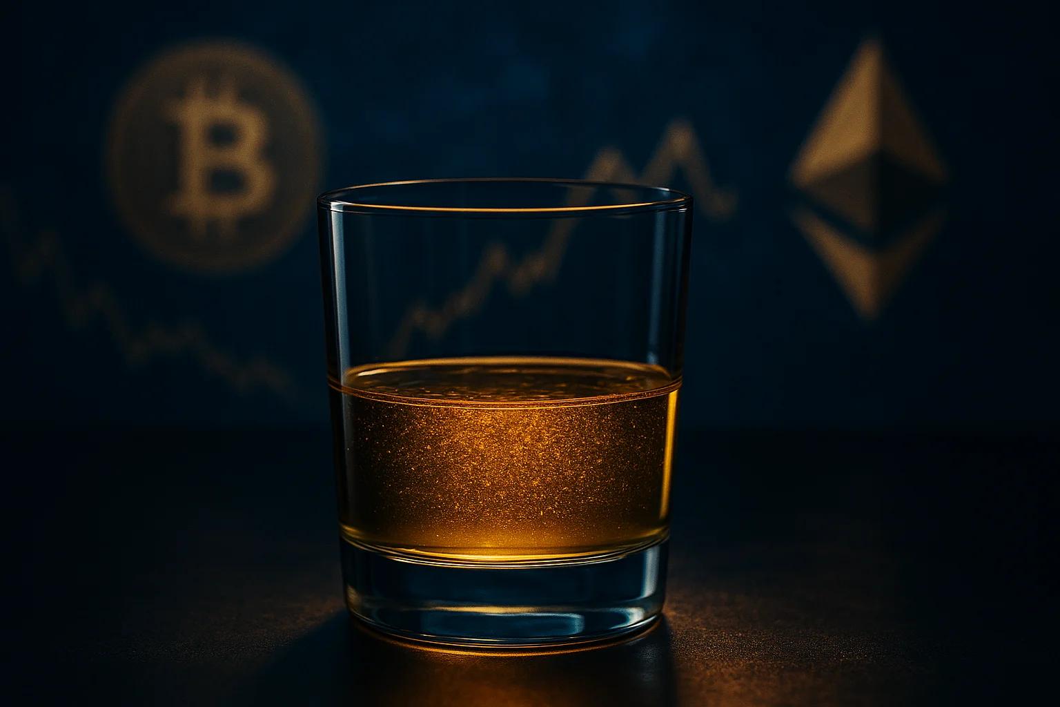 A glass of amber liquid with bubbles, set against