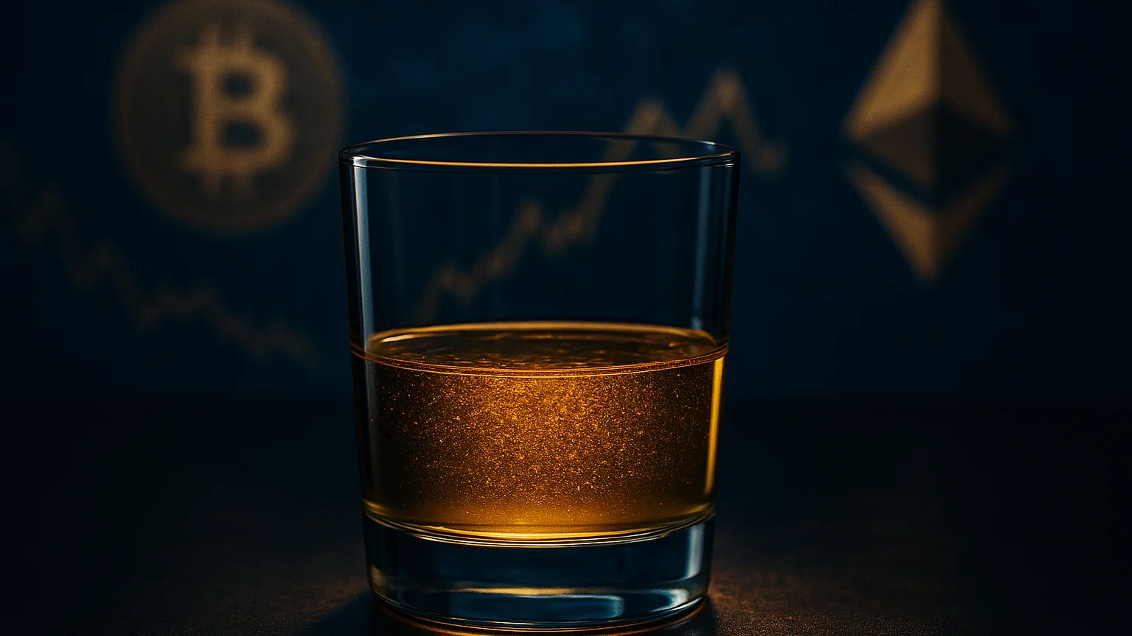 A glass of amber liquid with bubbles, set against