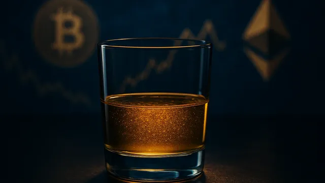 A glass of amber liquid with bubbles, set against