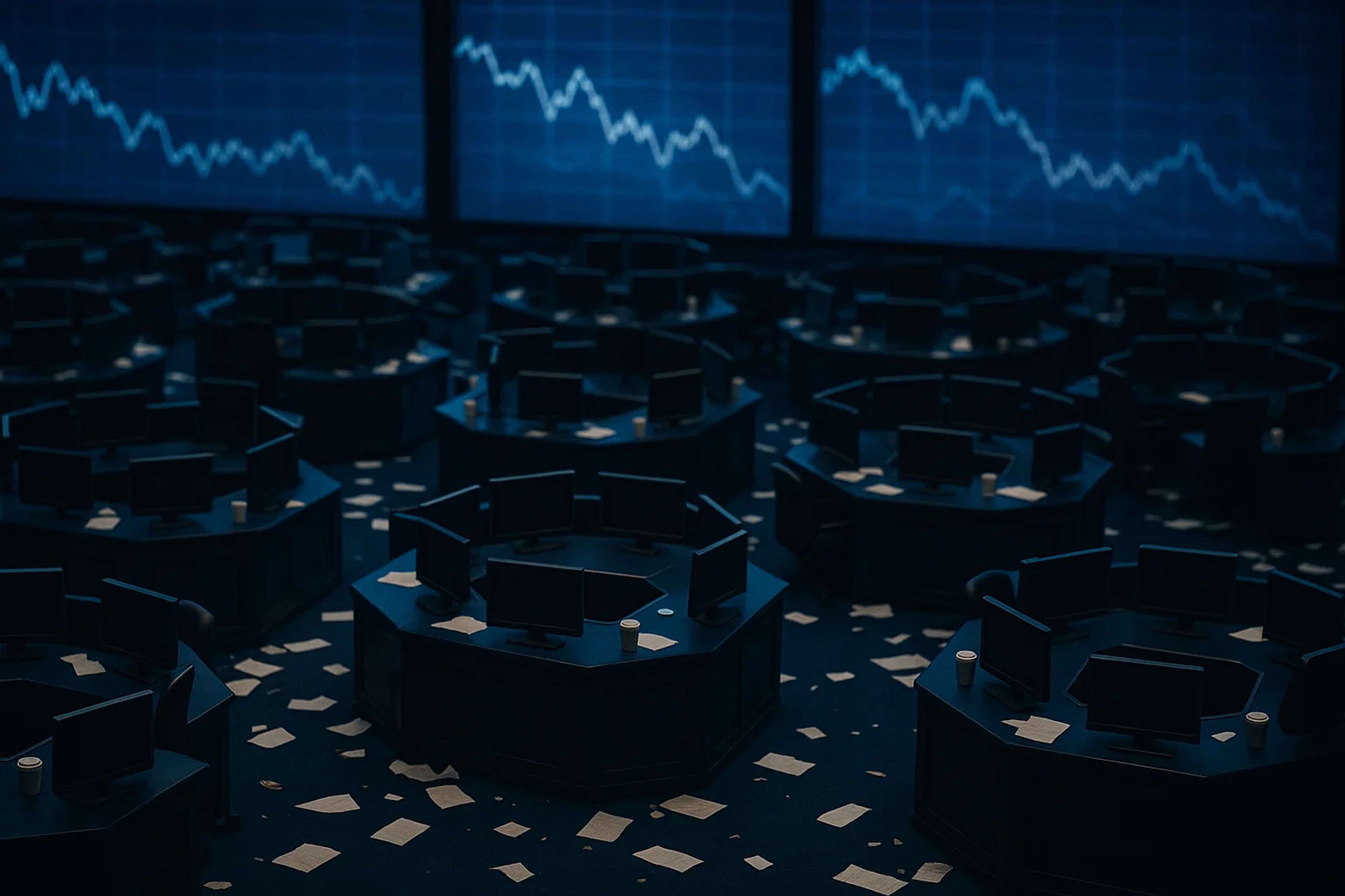 Empty trading floor with desks and monitors