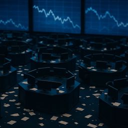 Empty trading floor with desks and monitors