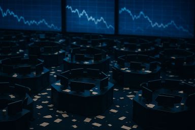 Empty trading floor with desks and monitors