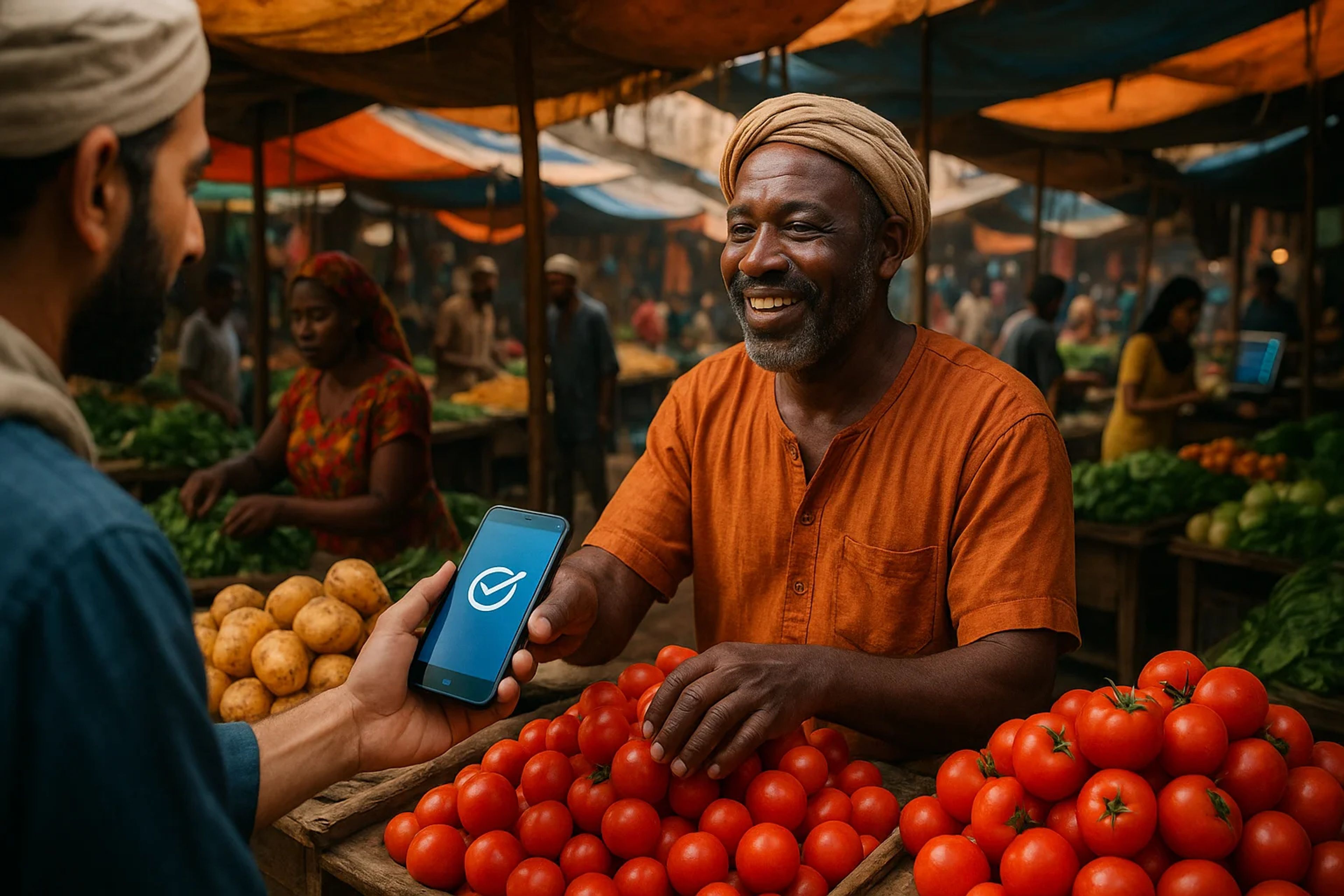 A market scene with a smiling vendor in an orange