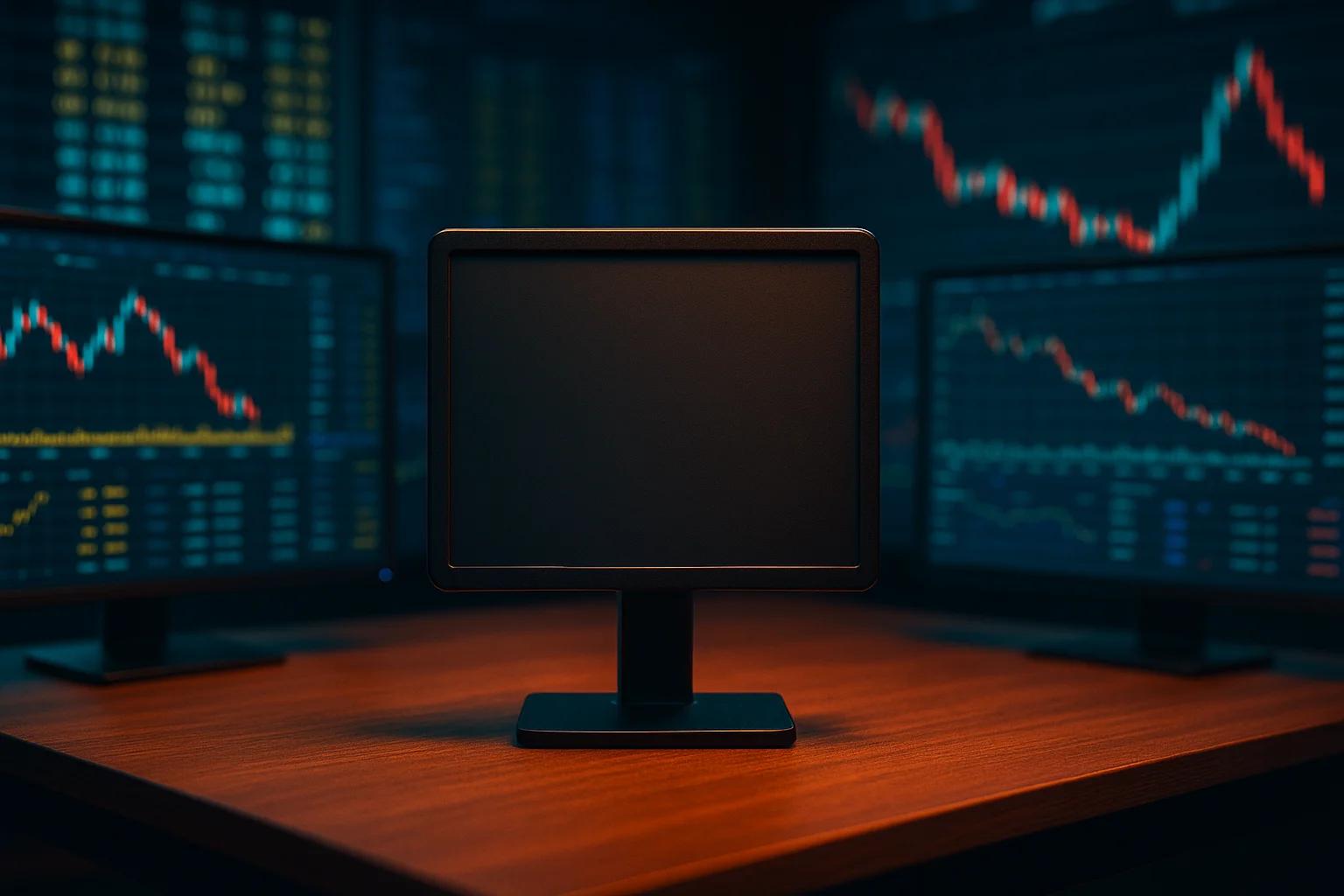 A dark room with three computer monitors