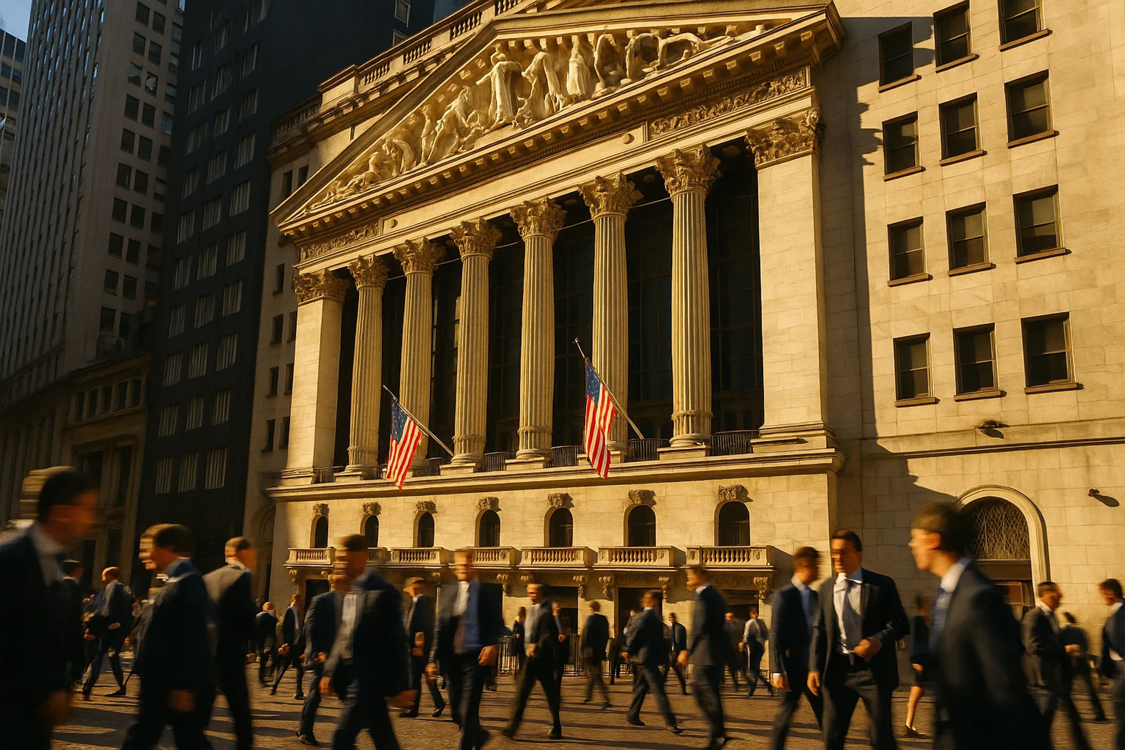 People in suits walking past a grand building