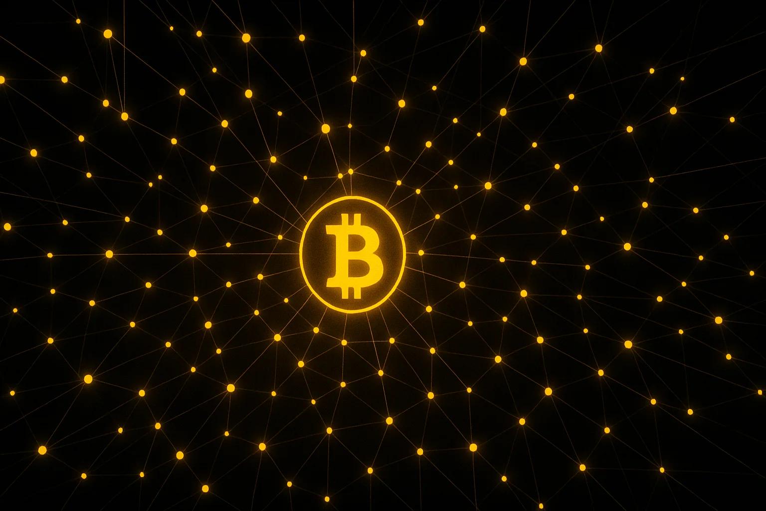 A glowing Bitcoin symbol surrounded by a network