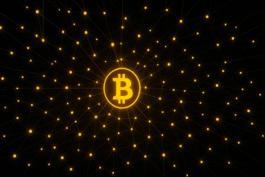 A glowing Bitcoin symbol surrounded by a network