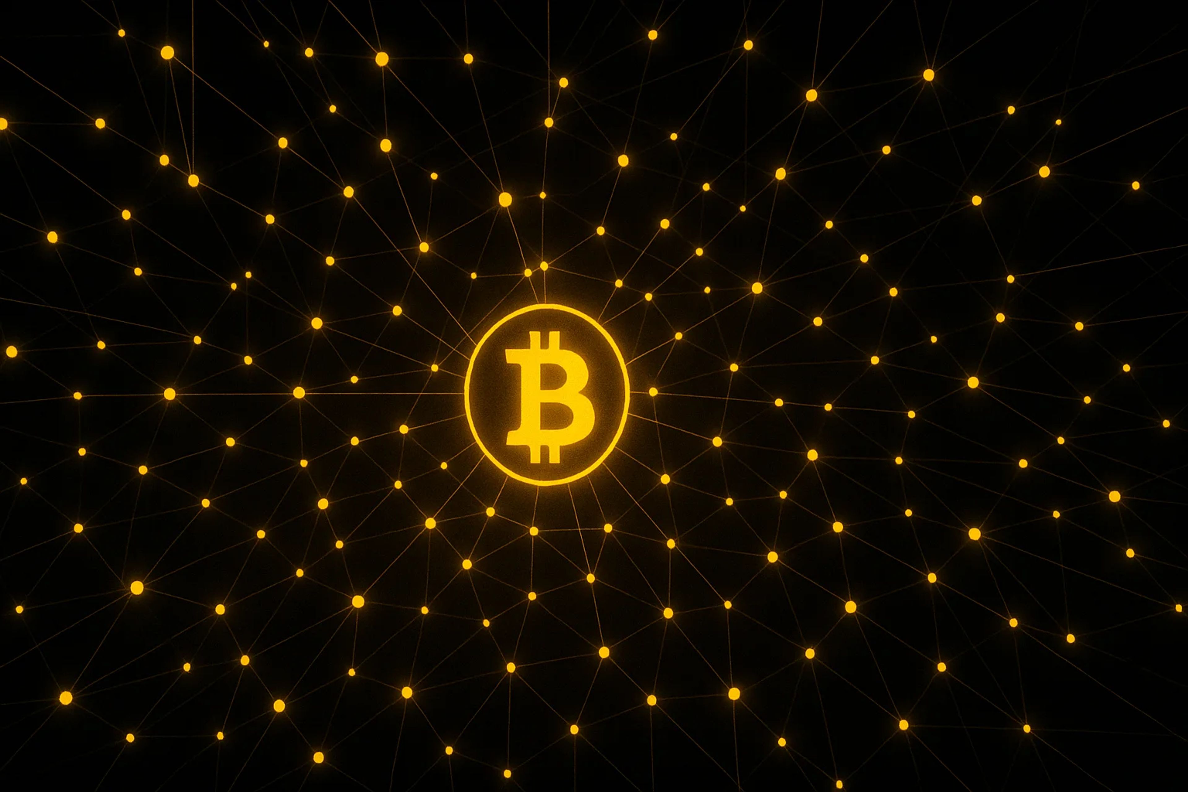 A glowing Bitcoin symbol surrounded by a network
