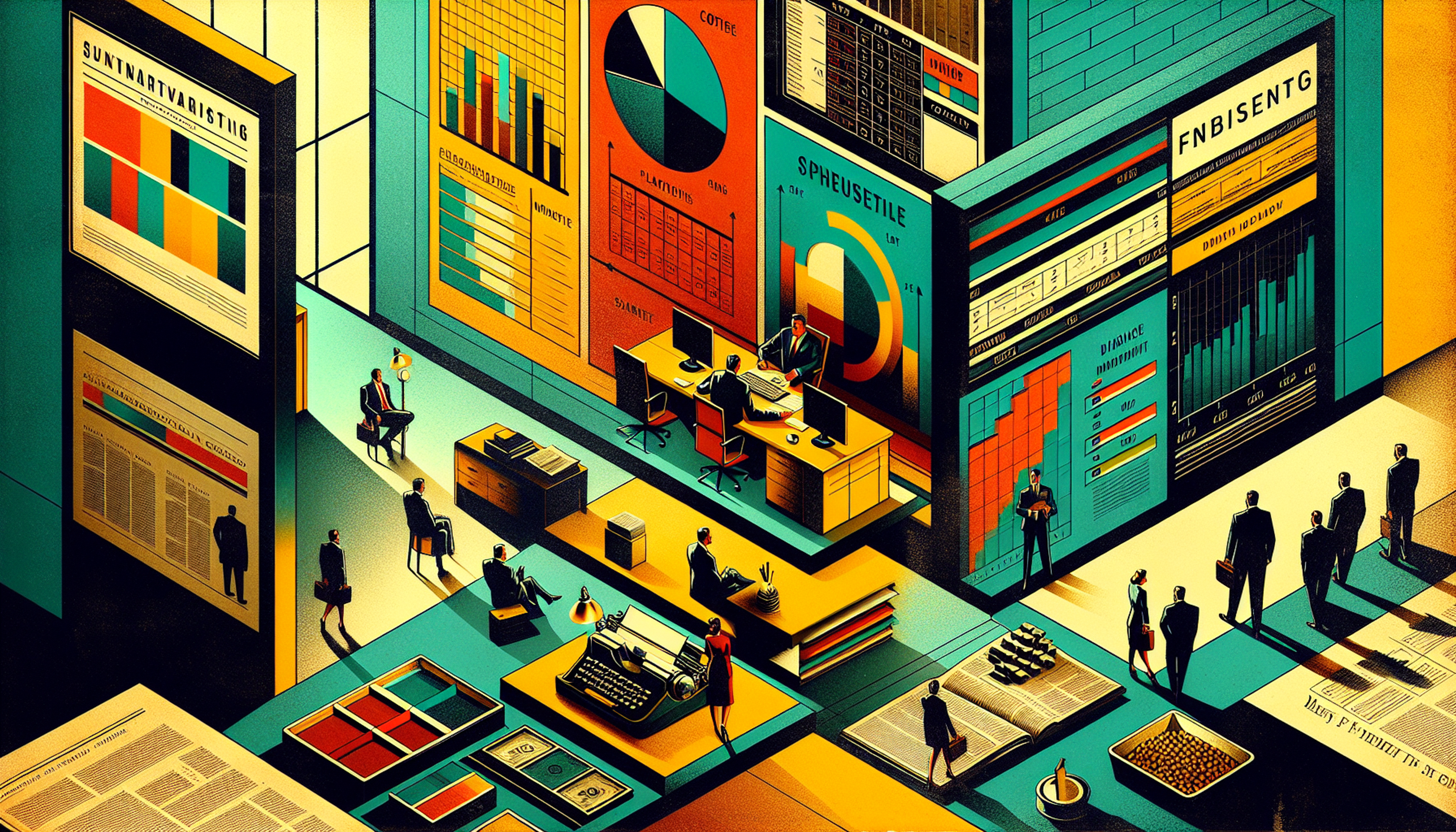 Colorful, stylized office scene with charts and