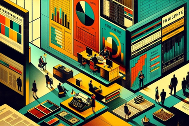 Colorful, stylized office scene with charts and