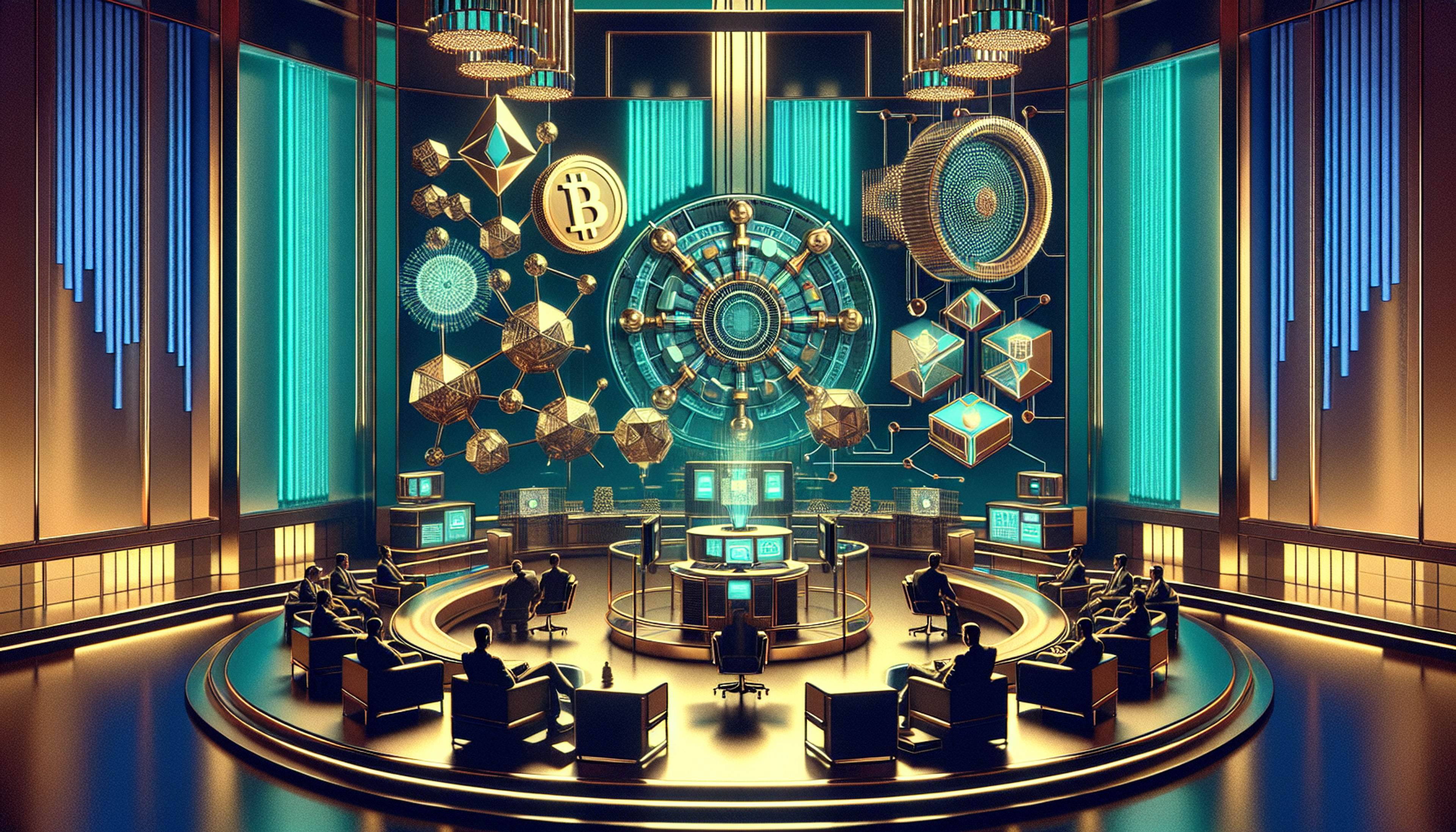 Silhouettes of business people against a digital