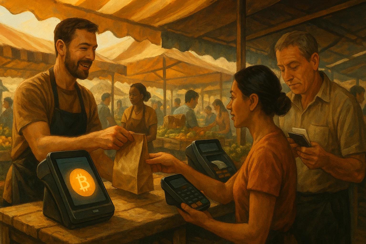 Market scene with people using digital payment