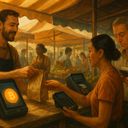 Market scene with people using digital payment