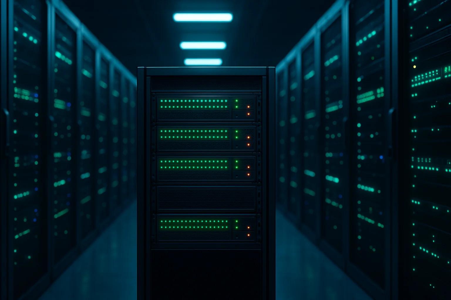 A dark server room with illuminated servers