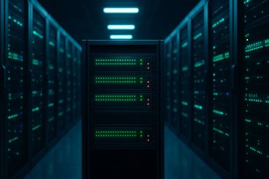 A dark server room with illuminated servers