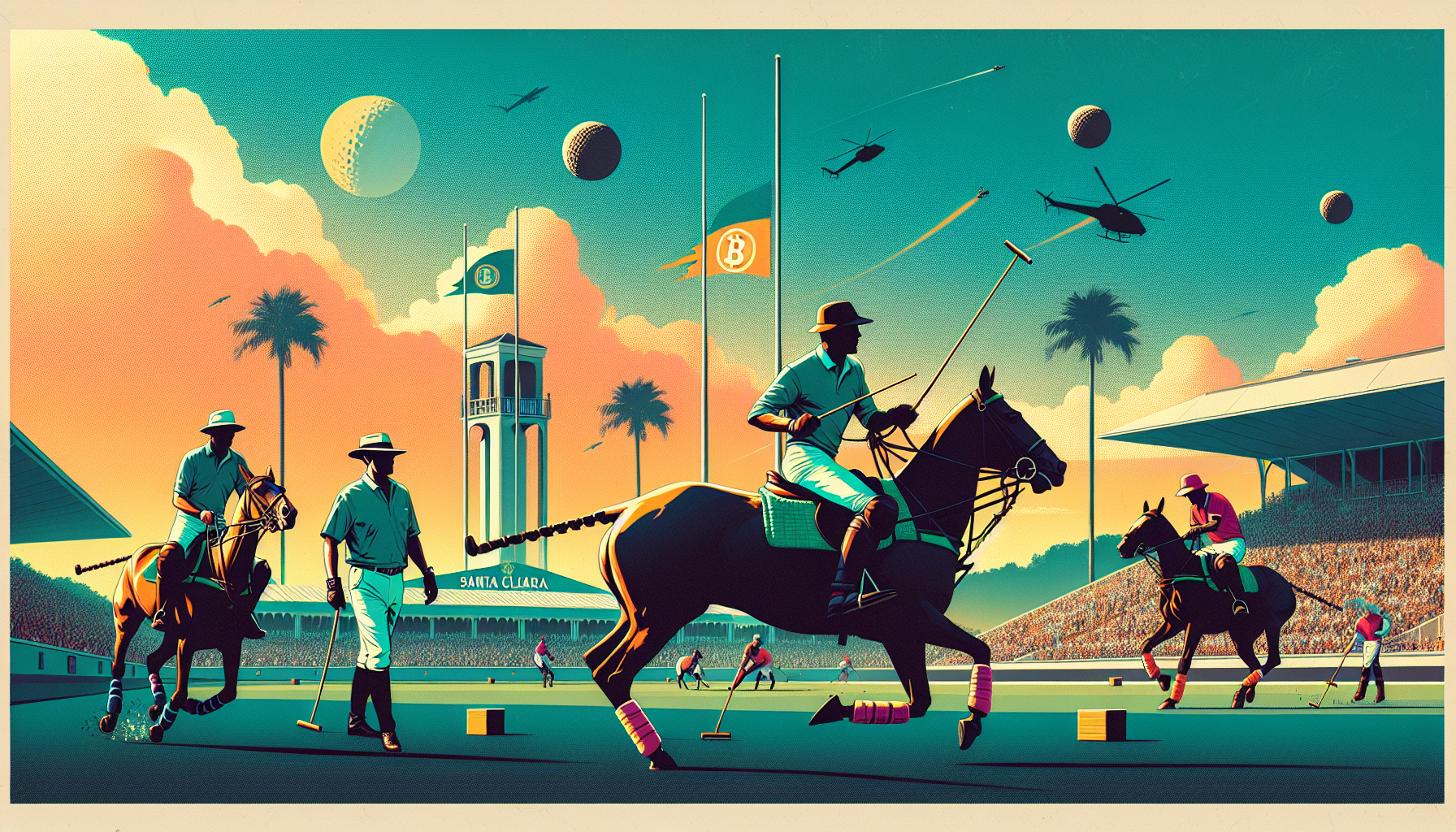 Colorful polo match with players on horseback