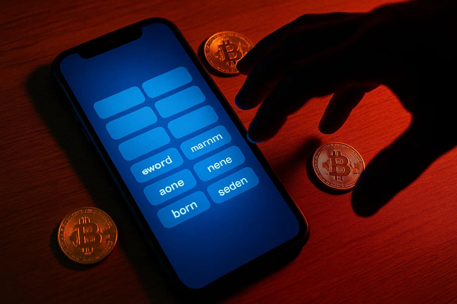 A smartphone displaying a blue screen with words