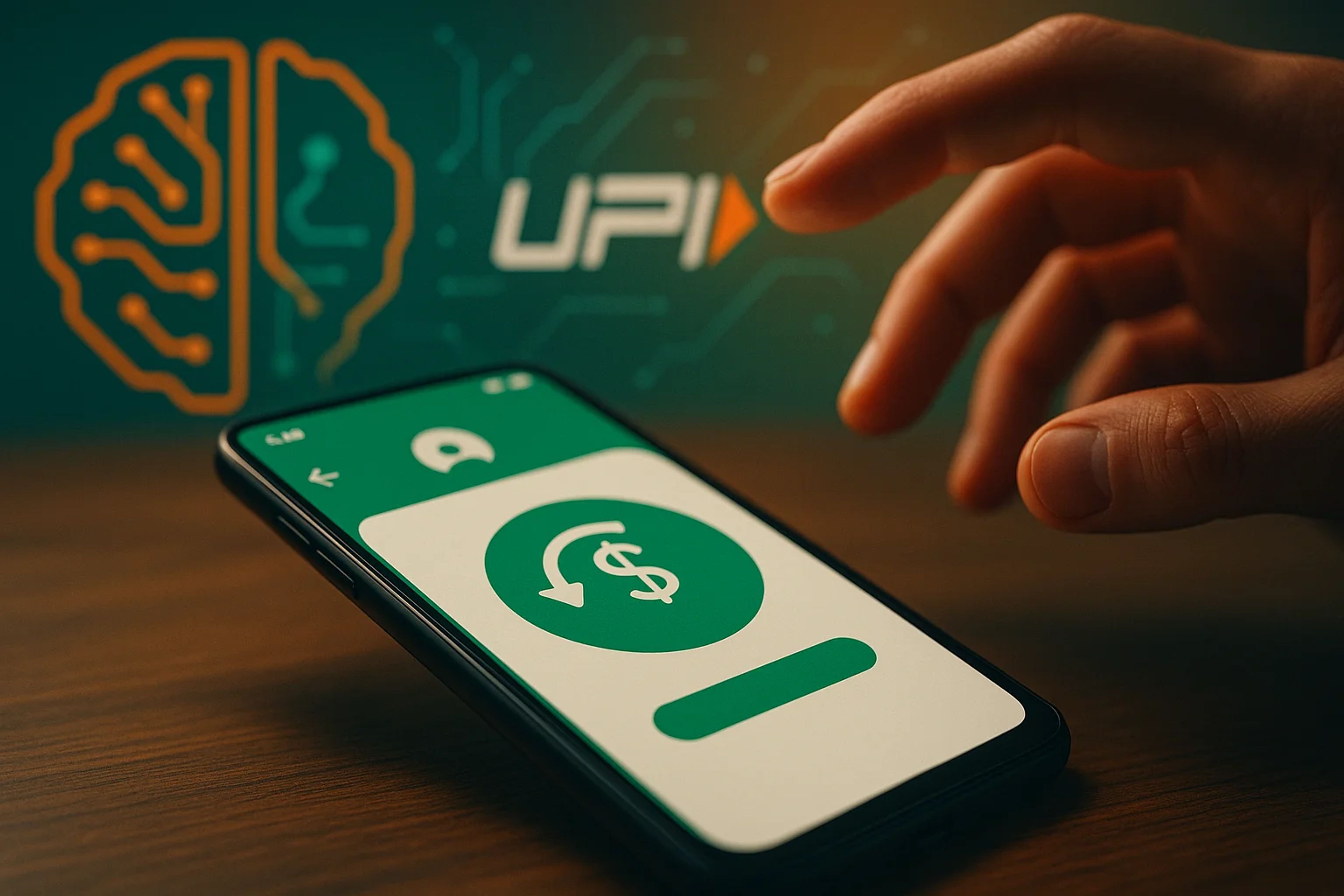 A hand reaching towards a smartphone displaying a